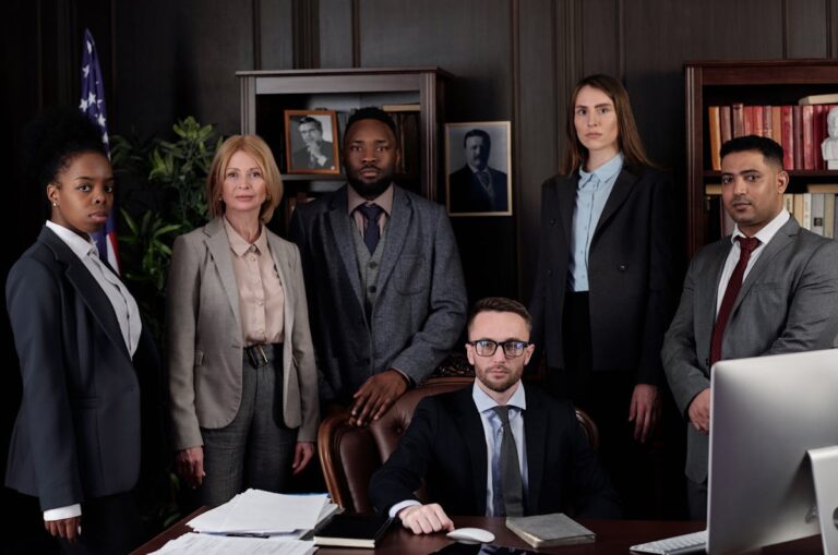 A diverse group of business professionals posing in an office, showcasing teamwork and leadership.