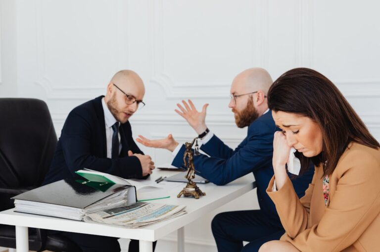 A woman appears distressed while two lawyers converse in an office.
