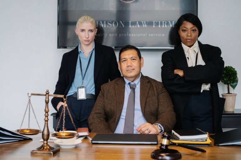 Diverse law firm employees in suits at a desk. Scale and gavel signify justice